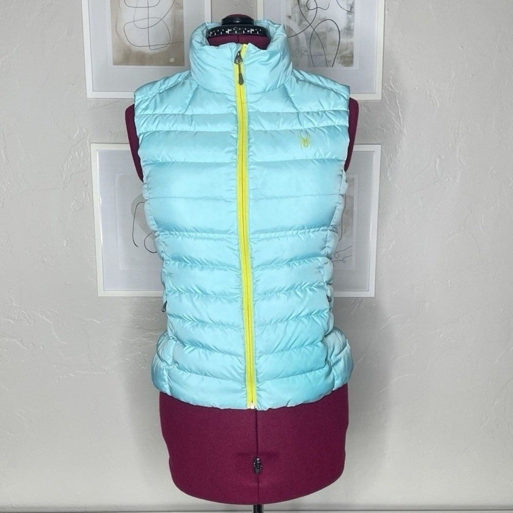 Spyder Puffer‎ Vest Womens Medium Blue Lime Green Full Zip Quilted Lightweight